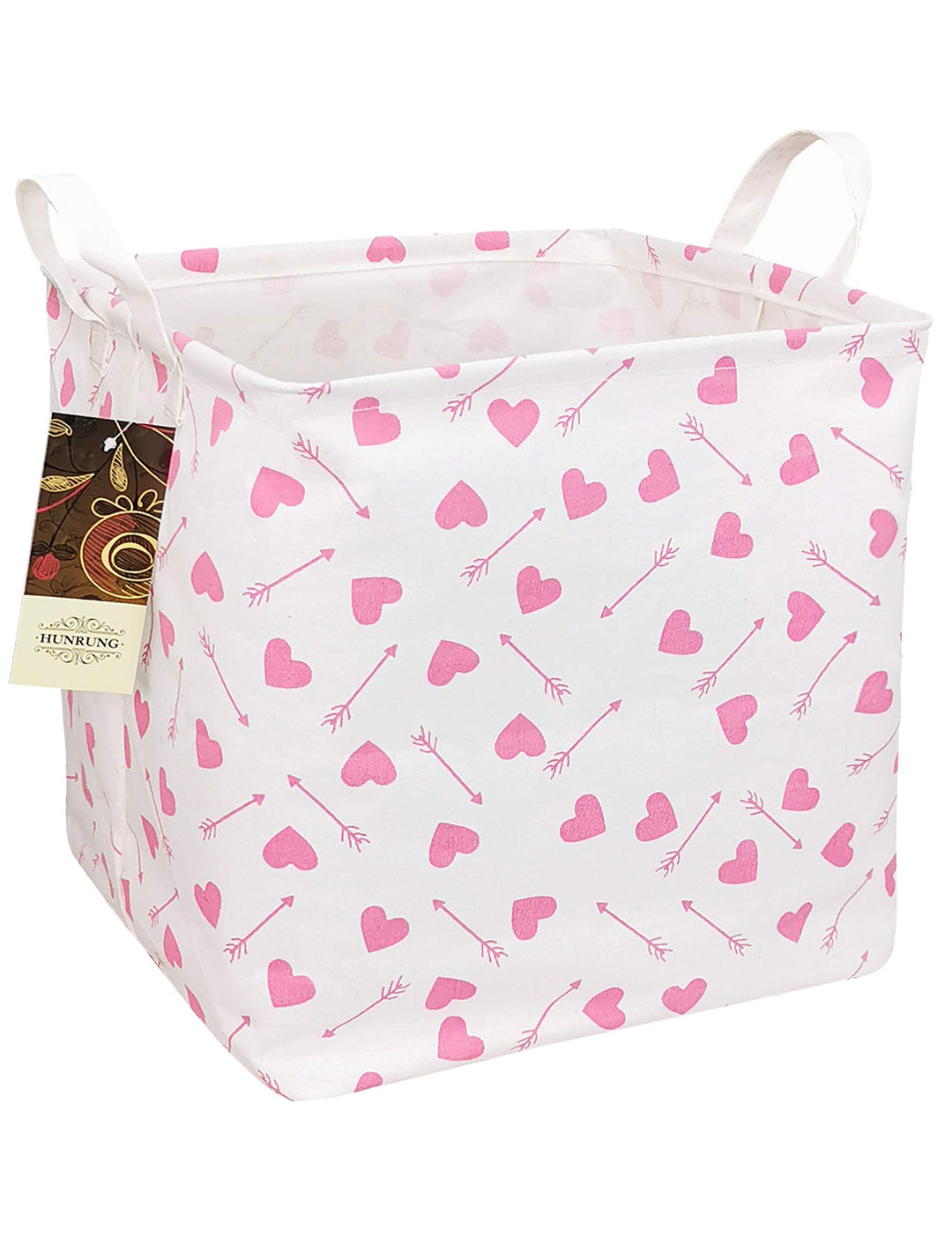 Square Storage Bins Nursery Hamper Canvas Laundry Basket Foldable with Waterproof Nursery Boxes for Shelves/Gift Baskets/Toy Organizer/Office, Bedroom (Square-Pink-heart-arrow)
