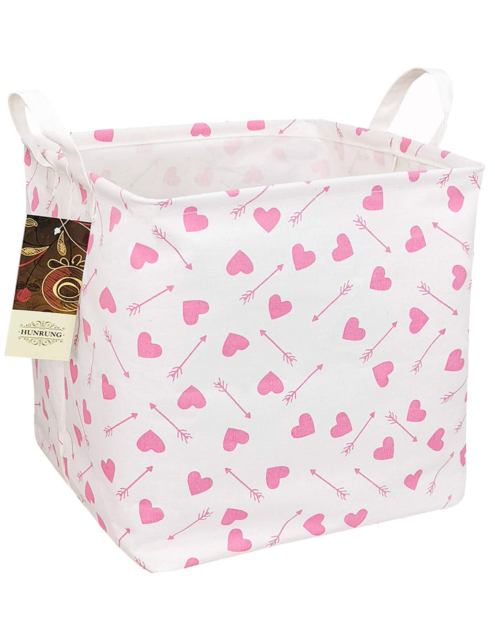Square Storage Bins Nursery Hamper Canvas Laundry Basket Foldable with Waterproof Nursery Boxes for Shelves/Gift Baskets/Toy Organizer/Office, Bedroom (Square-Pink-heart-arrow)