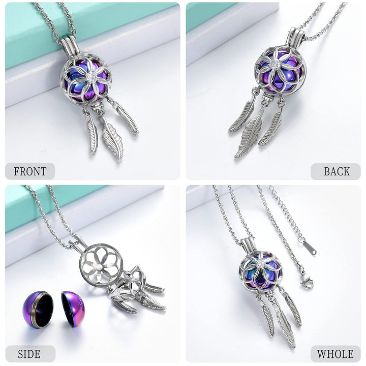 Dream Catcher Urn Necklace for Ashes for Women Men Cremation Jewelry Flower Feather Keepsake Memorial Hollow Pendant,Rainbow