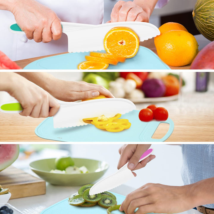 Kids Knife 4-Piece with Cutting Board - Toddler Knife Set Children&#39;s Cooking Nylon Knives - Serrated Edges and Firm Grip Suitable for Cutting Salad, Fruit, Cake, Lettuce (3 Sizes &amp; Colors)