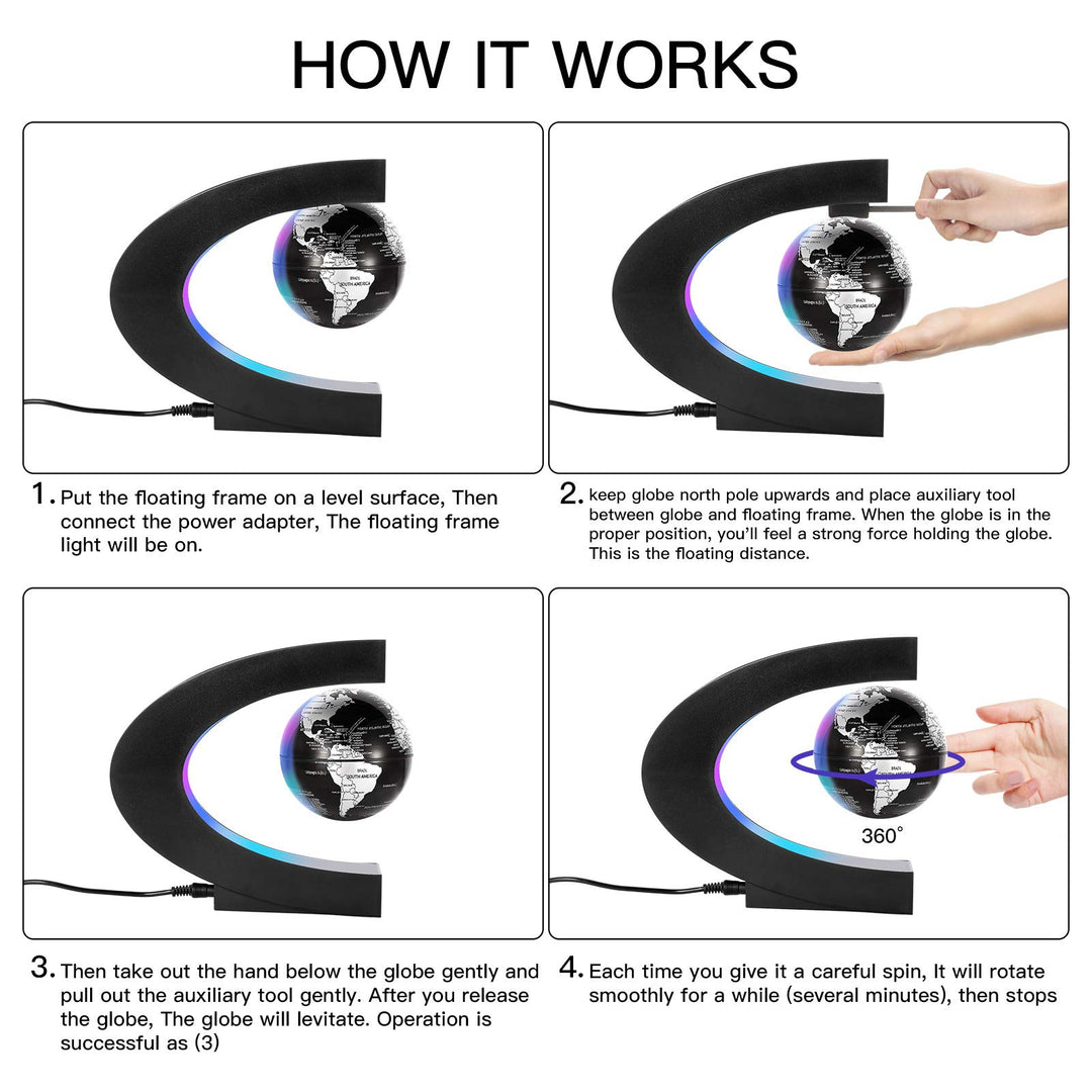 Magnetic Levitation Floating World Map Globe with C Shape Base, Floating Globe with LED Lights, Great Fathers Students Teacher Business Boyfriend Birthday Gift for Desk Decoration (Black)