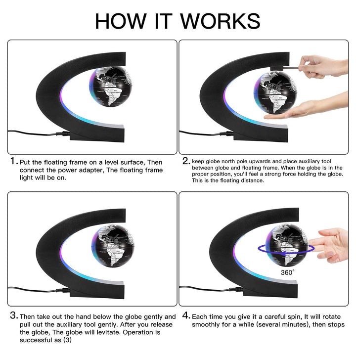 Magnetic Levitation Floating World Map Globe with C Shape Base, Floating Globe with LED Lights, Great Fathers Students Teacher Business Boyfriend Birthday Gift for Desk Decoration (Black)