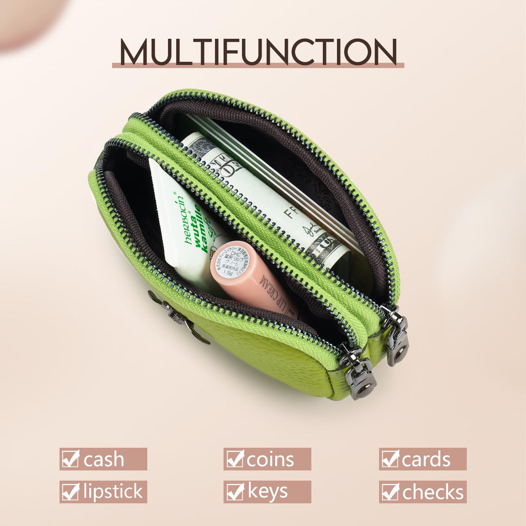 Women Leather Coin Purse, Small 2 Zippered Change Pouch Wallet(Yellow Green)