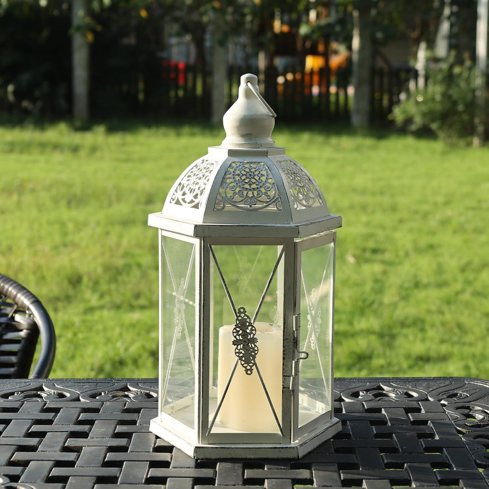 Large Candle Lantern Decorative, Outdoor&Indoor 15.2'' Hanging Lantern Farmhouse Home Decor, Hexagon Vintage Metal Candle Holder for Table Porch Shelf Patio Wedding Party Thanksgiving Decor