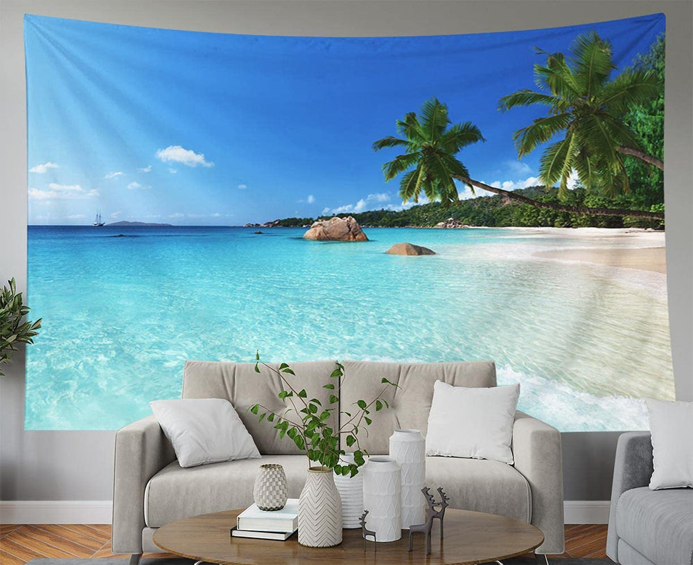 Beach Palm Tropic Tree Tapestry Ocean Sea Island Landscape Tapestry Sun Water Blue Sky Paradise Tapestry Coconut Summer Tropical Wall Hanging 80X60 Inch for Living Room Bedroom Décor