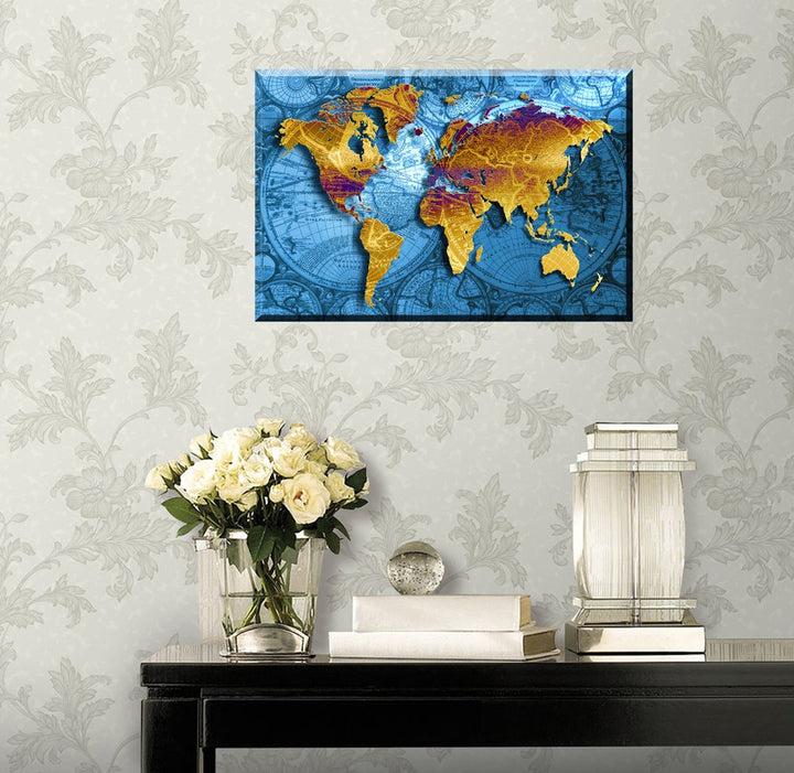 World Map Wall Art for Living Room, PIY Old Nautical Canvas Prints Decor, Retro Painting Home Decorations (Large, 1 Thick Frame, Waterproof Artwork, Bracket Mounted Ready to Hang)