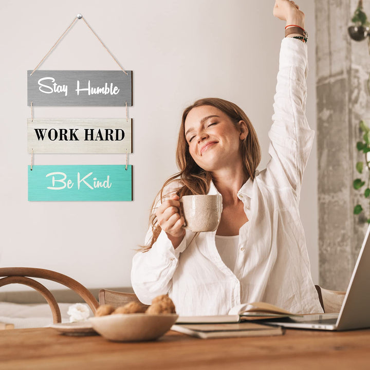 Wood Decorative Sign Rustic Wood Hanging Decor Family Hanging Plank Hanging Sign Motivational Inspirational Quote Wood Wall Sign for Home Office Living Room (Blue Work Style)