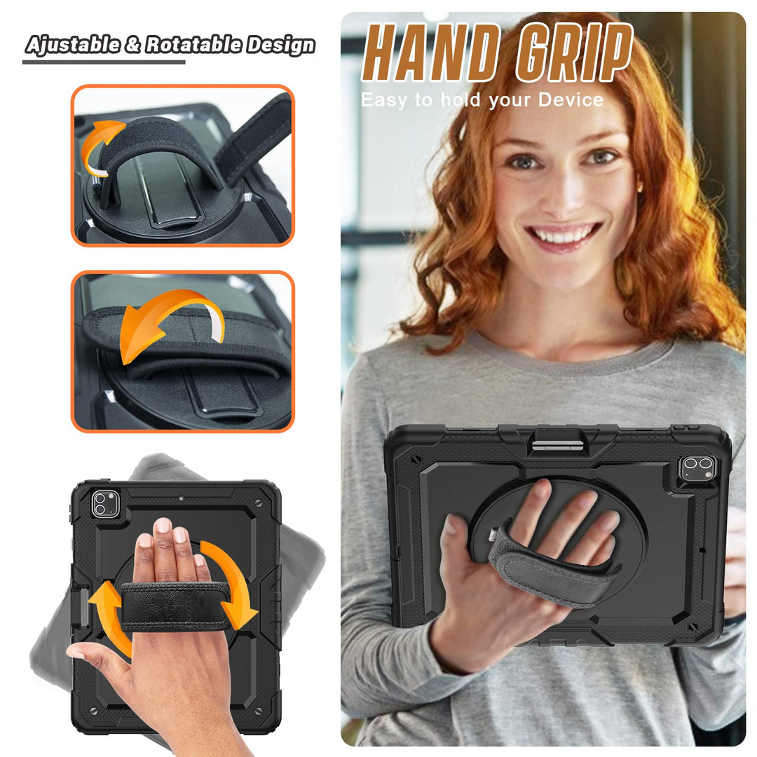 iPad Pro 12.9 Case 2022/2021/2020 with Screen Protector Pencil Holder | iPad Pro 12.9 inch 6th/5th/4th Generation Case | Full Body Shockproof Rugged Protective Rubber Case W/Stand Strap | Black