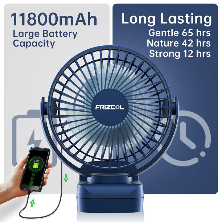 Clip on Fan 65 Hours Portable Desk Fan Rechargeable with LED Lights &amp; Hooks 12000 Capacity Battery Operated Fan with Clips Small Desk Fan Mini Fans for Tents Travel Outdoor Camping Golf Cart Stroller
