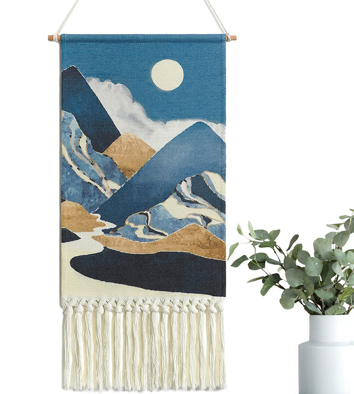 Macrame Woven Wall Hanging Tapestry Boho Wall Art Moon Mountain Chic Home Decor Bohemian Aztec Apartment Dorm Room Backdrop Decoration (Blue)