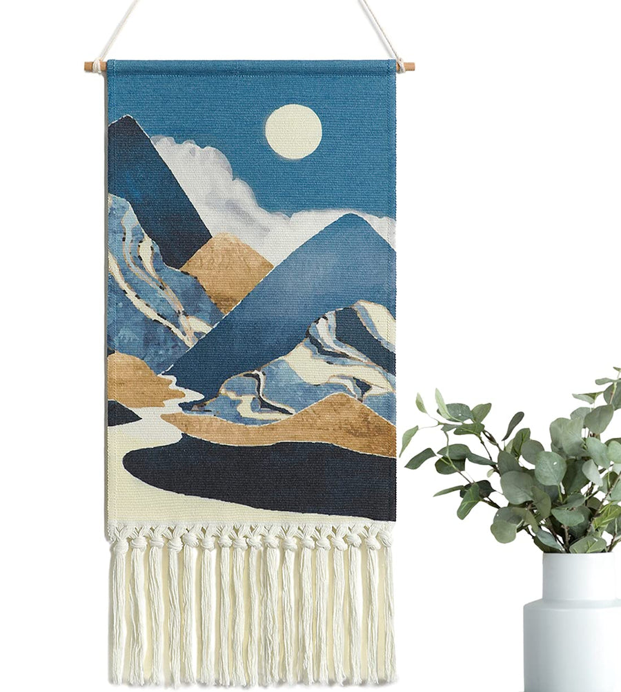 Macrame Woven Wall Hanging Tapestry Boho Wall Art Moon Mountain Chic Home Decor Bohemian Aztec Apartment Dorm Room Backdrop Decoration (Blue)