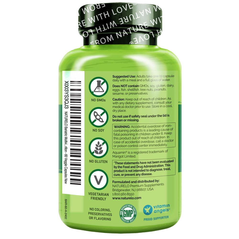 Bariatric Multivitamin - One Daily with Iron - Supplement for Post Gastric Bypass Surgery Patients - Natural Whole Food Nutrition - 60 Veggie Capsules