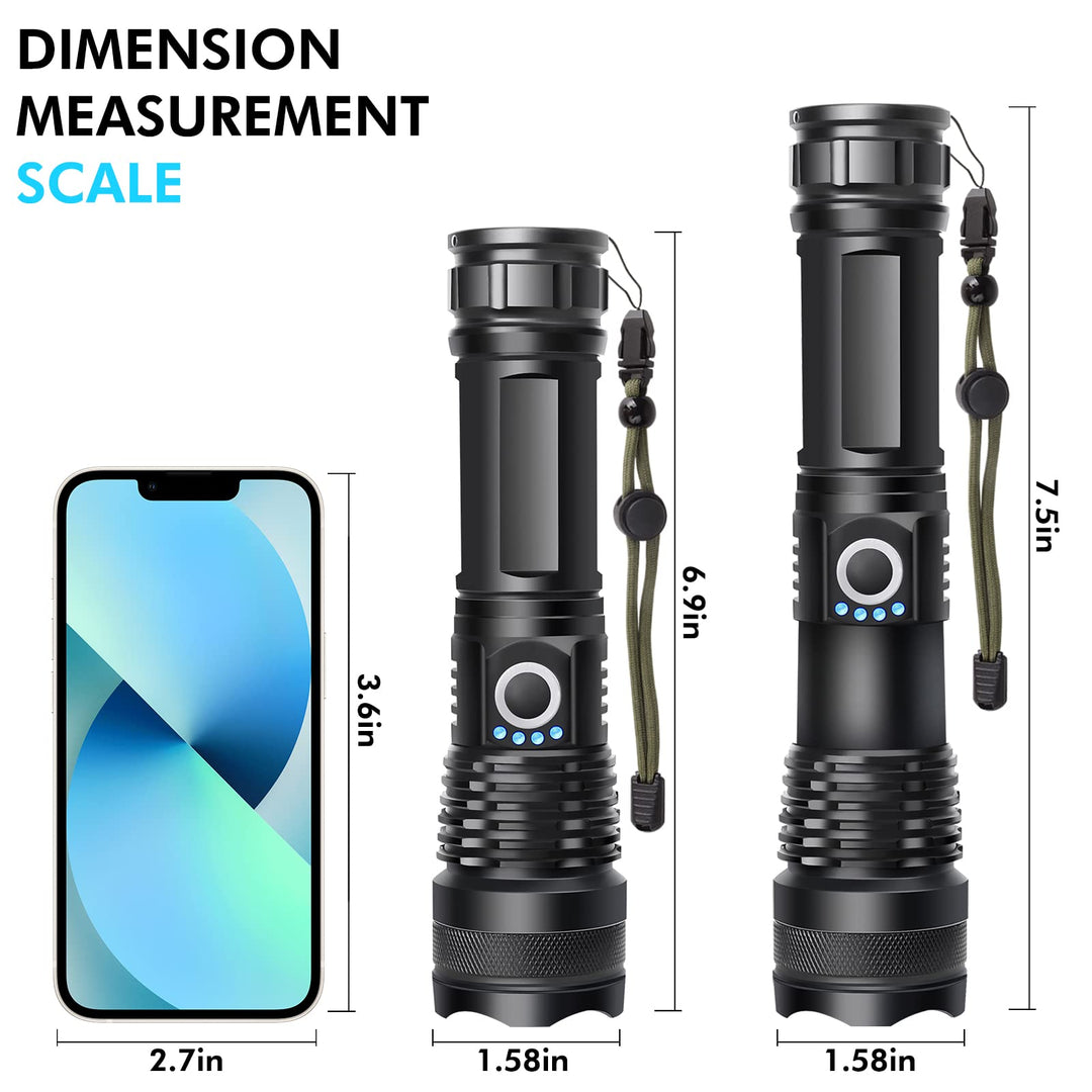 Rechargeable LED Flashlight, 10000 Lumen Super Bright, 5 Modes, Waterproof, Durable, Battery Powered, 1 Pack