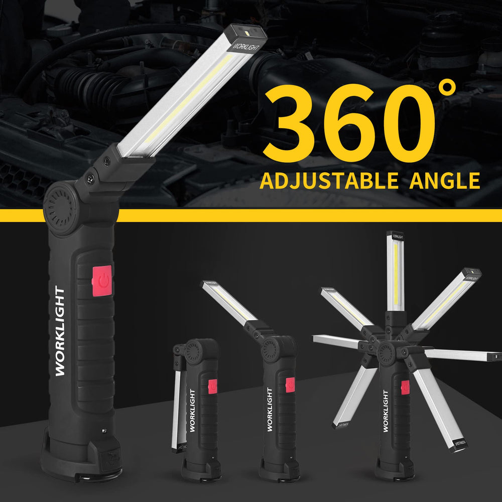 LED Worklight Flashlight, COB Rechargeable Work Lights with Magnetic Base 360 Degree Rotate and 5 Modes Portable Flood Light Inspection Construction Light for Car Repair (Black Silver, 2 pack)