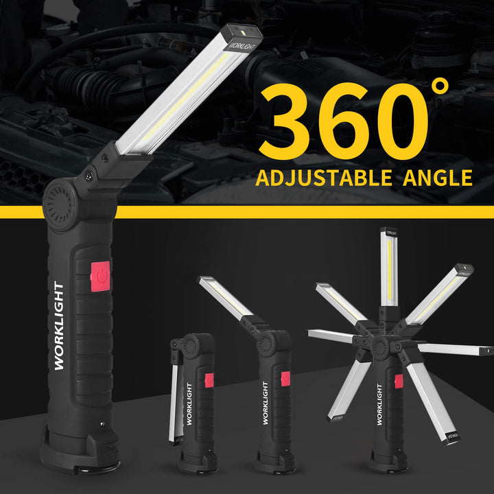 LED Worklight Flashlight, COB Rechargeable Work Lights with Magnetic Base 360 Degree Rotate and 5 Modes Portable Flood Light Inspection Construction Light for Car Repair (Black Silver, 2 pack)