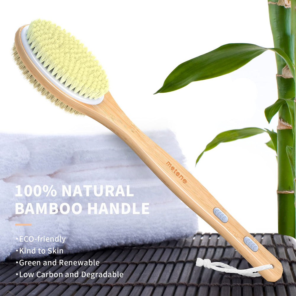 Bamboo Body Brush with Stiff and Soft Natural Bristles, Back Scrubber for Shower with Long Handle, Dual-Sided Brush Head for Wet or Dry Brushing, Exfoliating Skin and Clean The Body Easily