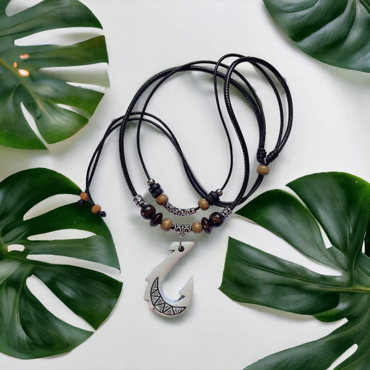 White Hawaiian Fish Hook Pendant Necklace Hemp Cord Chain - Maori Tribal Necklace - Adjustable Black Cord