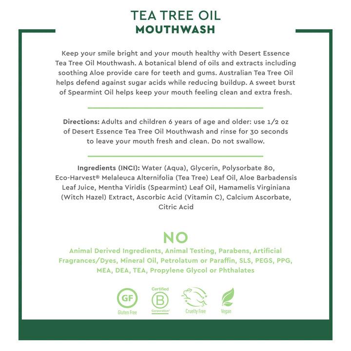 Tea Tree Oil Mouthwash with Essential Spearmint Oil &amp; Aloe - Deep Cleansing, Invigorating Fresh Breath - Fights Cavities &amp; Buildup - Vegan, Non-GMO, SLS-Free, Gluten-Free - 8oz