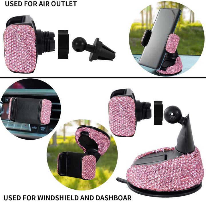 Bling Car Phone Holder,Rhinestone Bling Crystal Car Phone Mount,with One Air Vent Base,Universal Cell Phone Holder for Dashboard,Windshield and Air Vent (Pink)