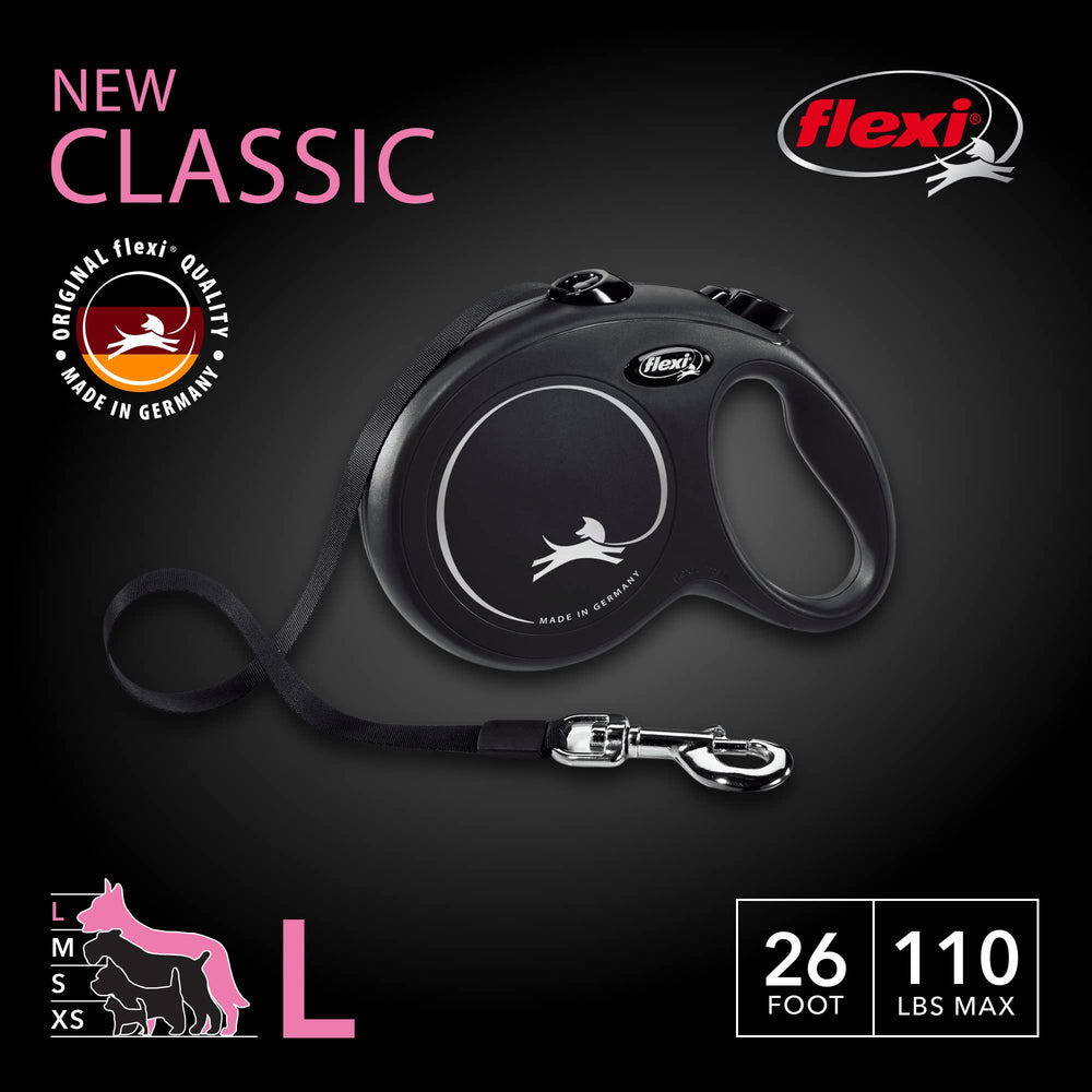 New Classic Tape Retractable Dog Leash for Large Dogs Upto 110 lbs. – 26 ft., Black | Tangle Free Pet Walking Leash with One-Handed Brake, Pause, Lock|German Quality Product
