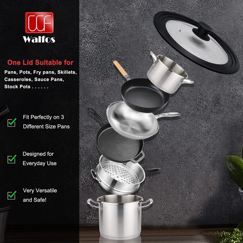 Universal Lid for Pots, Pans and Skillets - Tempered Glass with Heat Resistant Silicone Rim, Fits 11, 12 and 12.5 Diameter Cookware