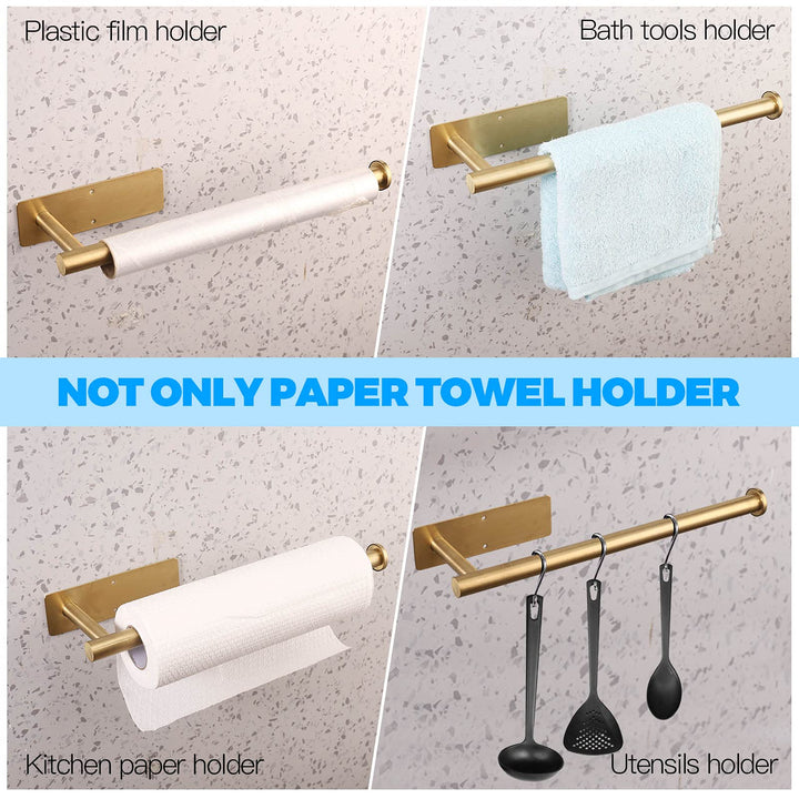Paper Towel Holder Under Cabinet, Self Adhesive Wall Mount Paper Towel Holder, SUS304 Stainless Steel Under Cupboard Paper Towel Holder for Kitchen, Pantry, Sink, Bathroom,Gold