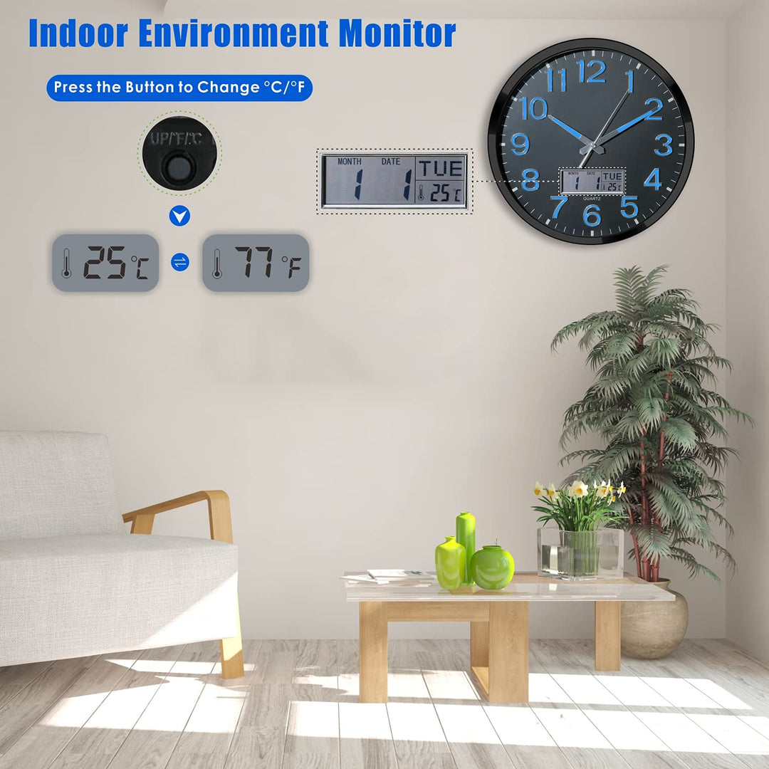 Plumeet Night Light 14’’ Large Bedroom Wall Clocks with