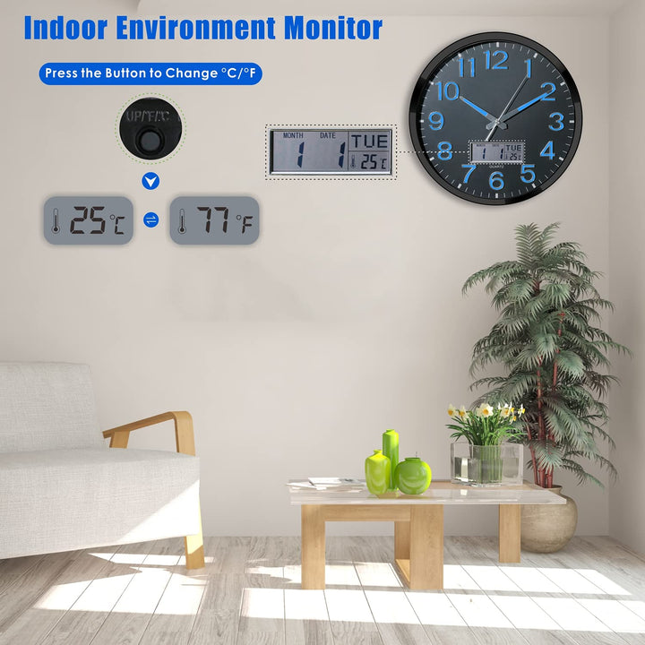Plumeet Night Light 14’’ Large Bedroom Wall Clocks with