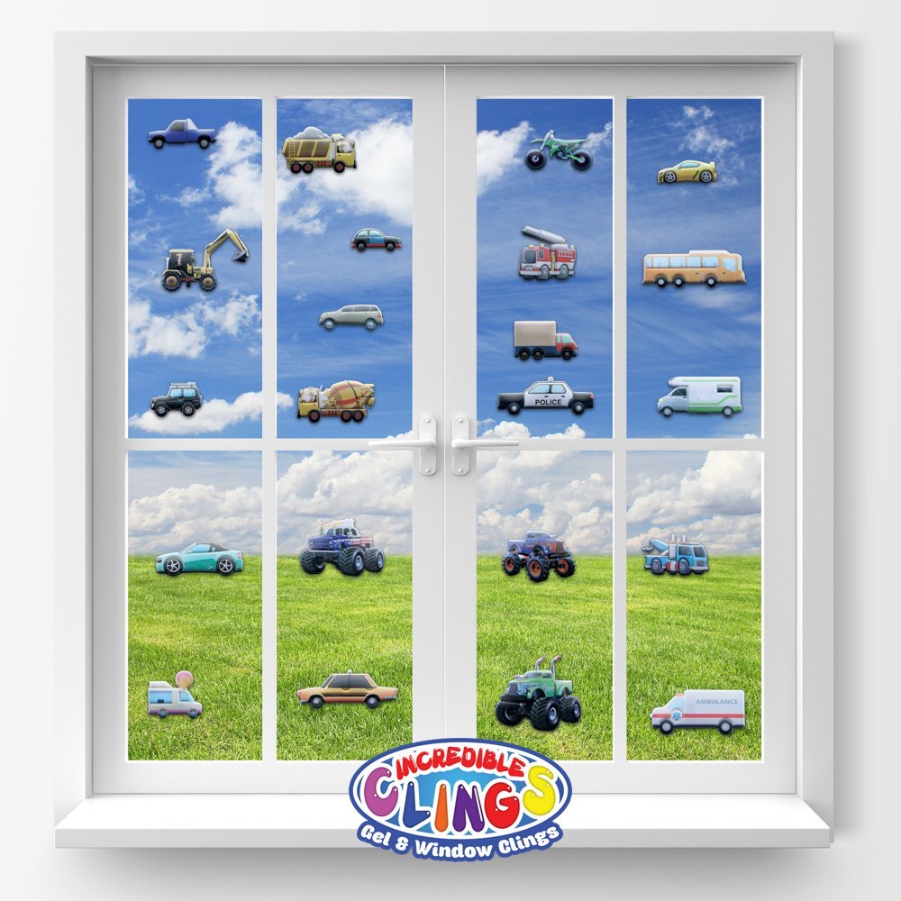 Cars and Trucks Window Clings for Kids &amp; Toddlers (by Jesplay USA - Reusable Window Stickers Gels &amp; Decals) Puffy Sticker Activites for Car Plane Home - Police, Race Cars, Monster, Tow, Fire Truck