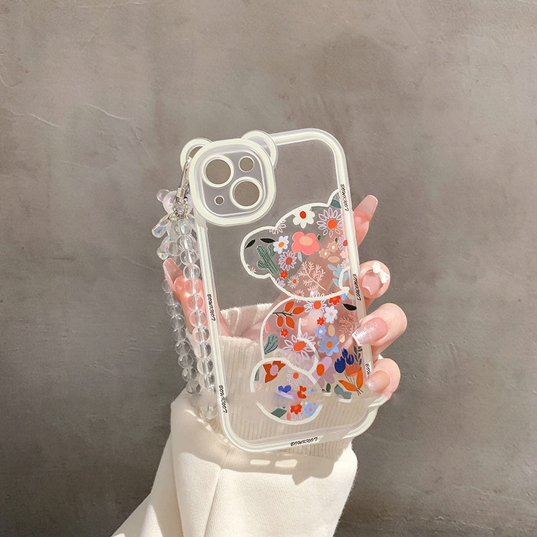 Compatible with iPhone 13 Pro Max Case, Cute Flowers Bear Camera Protector Clear Case with Lovely Strap Bracelet Chain Girls Women Case for iPhone 13 Pro Max
