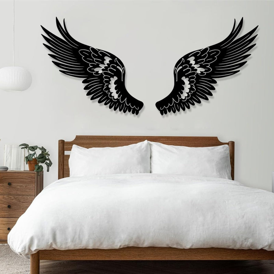 Large Metal Angel Wings Wall Décor, Angel Wings Wall Sculpture Art Indoor Outdoor Wall Hanging for Home Bedroom Living Room Garden and Office (Black)
