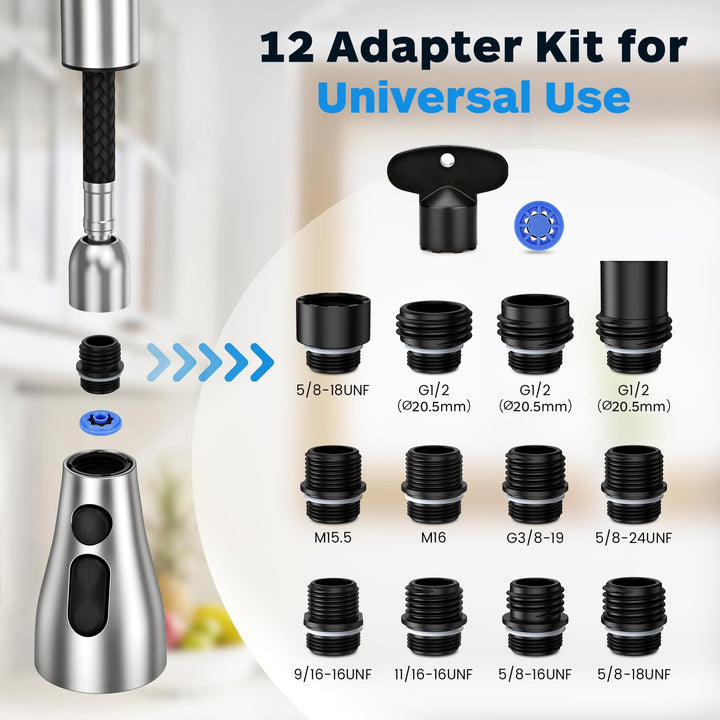 Kitchen Faucet Head Replacement 3 Modes with 12 Adapters, Pull Down Spray Head for Kitchen Faucet, Kitchen Sink Faucet Head G 1/2, Sprayer Head Replacement, Compatible with Moen,Delta, Kohler Faucets