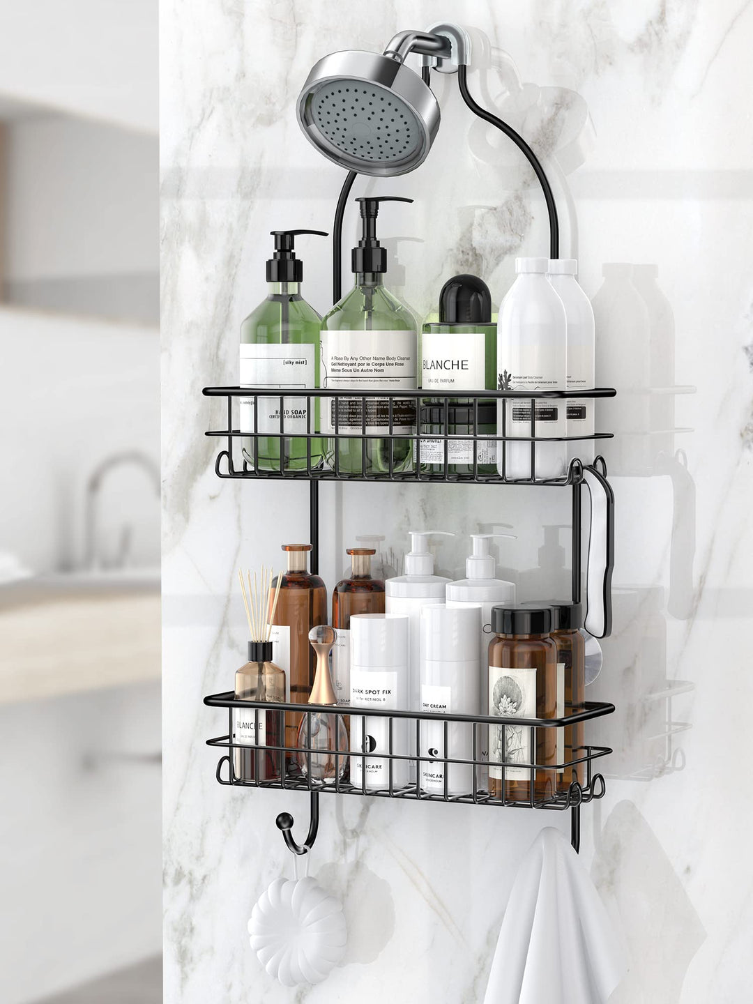 Hanging Shower Head Caddy, No Drilling, Stainless Steel Storage Rack for Toilet, Bathroom and Shower Room, Rustproof Bathroom Shower Shelf Organizer, Black