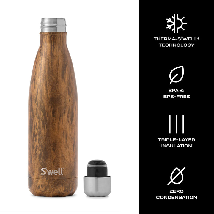 S&#39;well Stainless Steel Water Bottle, 17oz, Teakwood, Triple Layered Vacuum Insulated Containers Keeps Drinks Cold for 36 Hours and Hot for 18, BPA Free, Perfect for On the Go