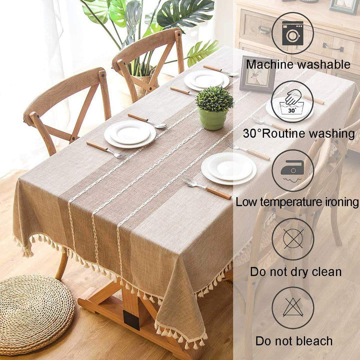 smiry Rustic Farmhouse Linen Tablecloth, Embroidered Burlap Table Cloth with Tassel, Wrinkle Free Dining Room tablecloths for Rectangle Tables, 55 x 157 inches, Light Grey