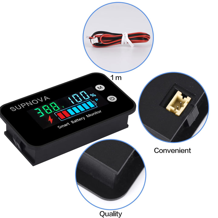 Battery Monitor12v 24v 36v 48v 60v 72v, Car,Golf cart Battery Tester Digital Display Battery Capacity 7-100V Voltage Monitor Capacity Percentage Tester with Buzzer Alarm and Temperature