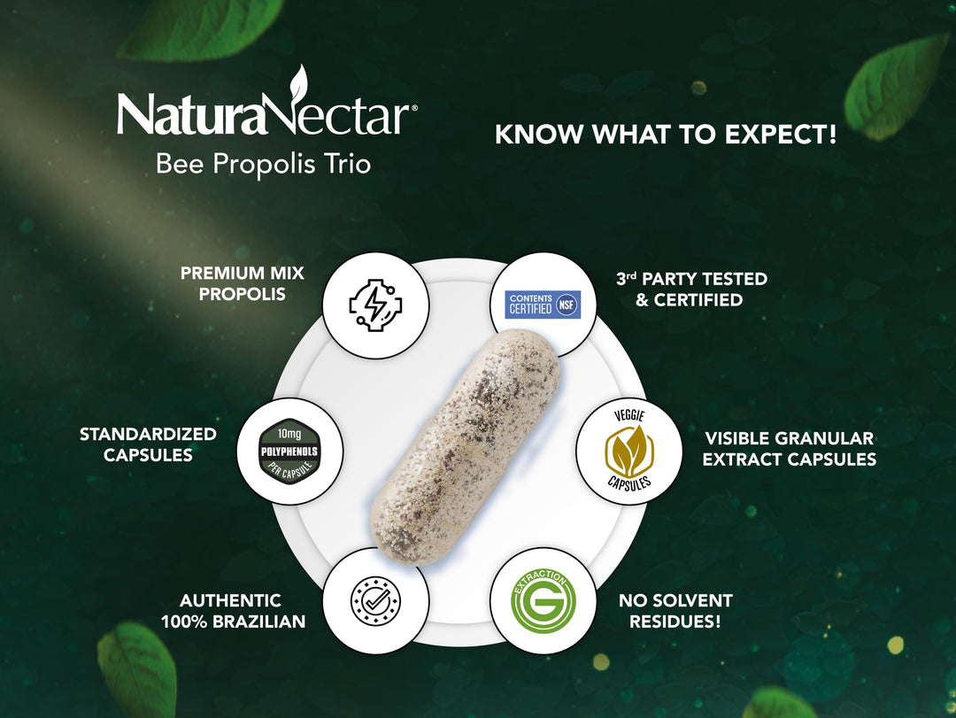 - Bee Propolis Trio Capsules, NSF Certified Premium Brazilian Propolis - Gluten-Free Supplements with More Diverse Flavonoids &amp; PWE - Naturally Sourced Through Ethical Beekeeping (60pcs.)