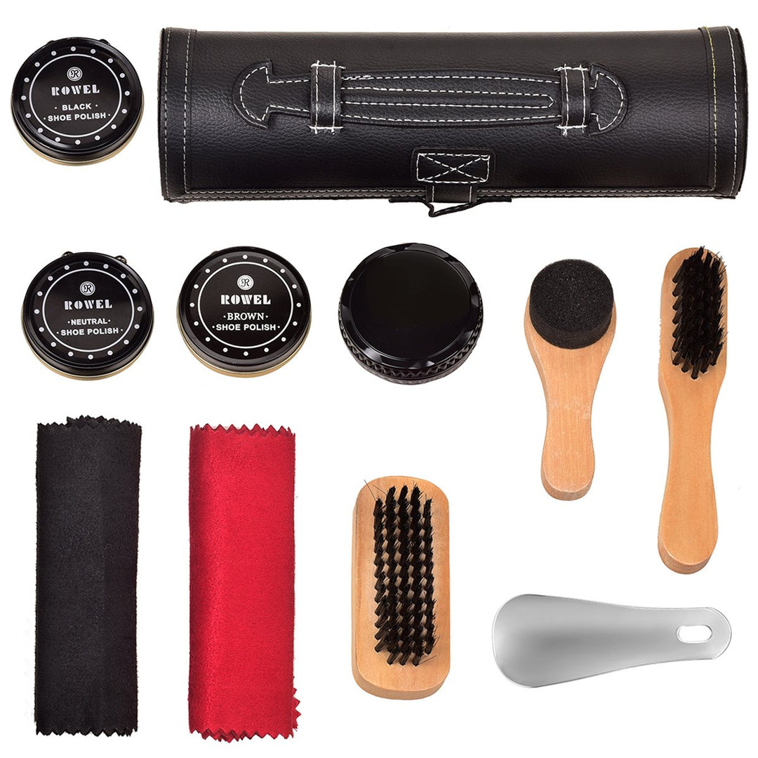 Shoe Care Kit Travel Shoes Shine Brush Polish Kit with PU Leather Sleek Elegant Case 10-Piece