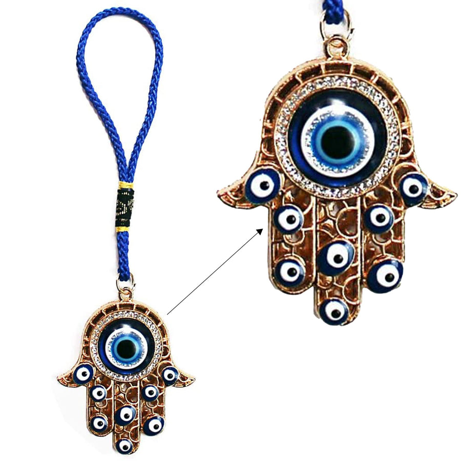 Hamsa Hand Amulet Pendant w/Crystal Rhinestones Blue, White & Black Evil Eye Car Hanging Ornament Rear View Mirror Accessories - Door, Wall, Bag Charms (Gold & Matching Tassel)