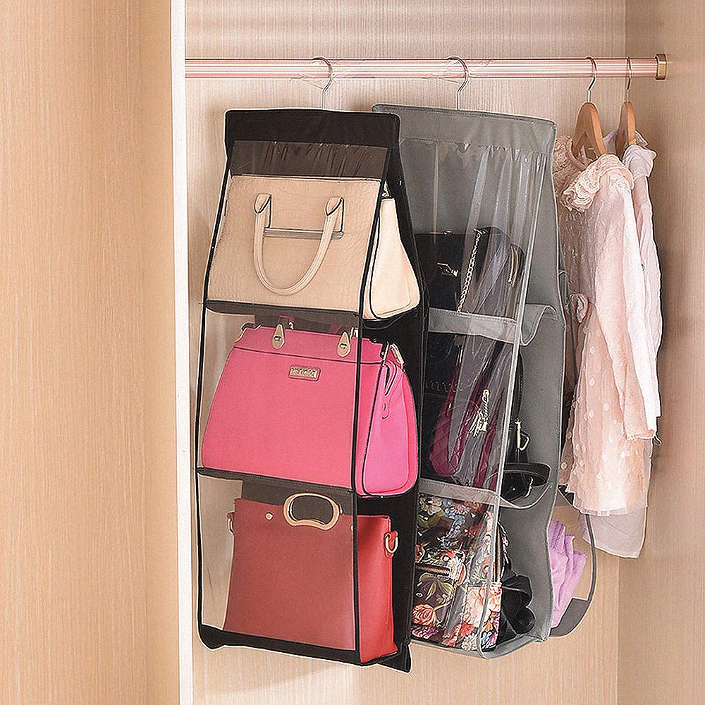 Hanging handbag Organizer Storage Holder Purse Clutch hanger bags for Closet Wardrobe with 6 Larger Pockets, Black