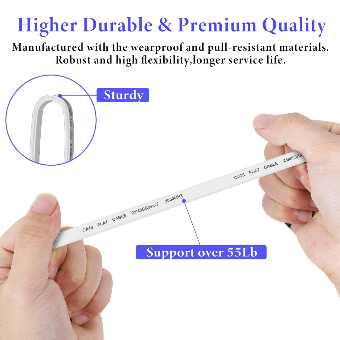 Ethernet Cable 20 FT, Cat 8 Ethernet Cable 2000Mhz 40Gbps, Internet Cable Professional Flat LAN Cable SFTP Patch Cord with Gold Plated RJ45 Connector for Router Modem, White