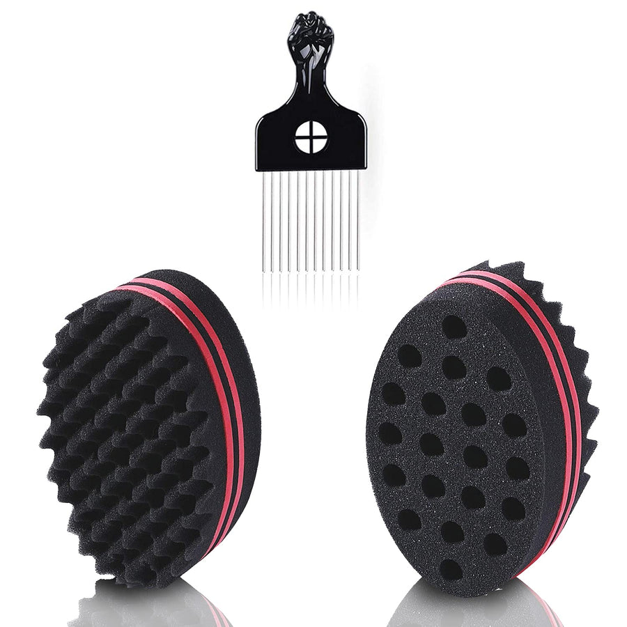 Big Holes Magic Hair Twist Sponges, Barber Sponge Brush for Hair, Hair Sponge for Curls Women and Men with 1 6.69inch Metal Hair Pick (3 pack)
