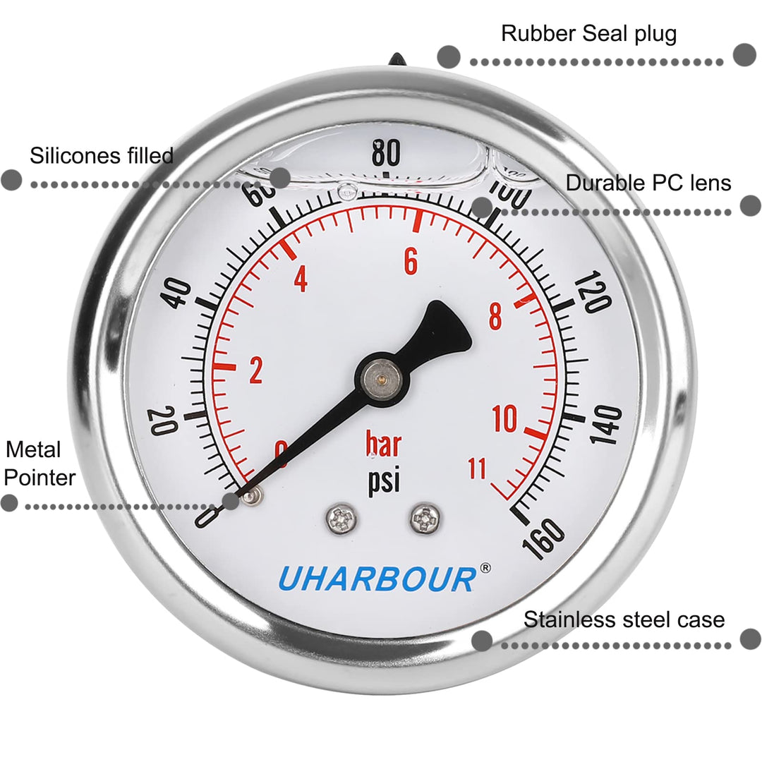 UHARBOUR Glycerin Filled Pressure Gauge 160psi/11bar, Stainless Steel case, Brass Inside Construction, 2-1/2 dial, 1/4NPT Back Connection.…