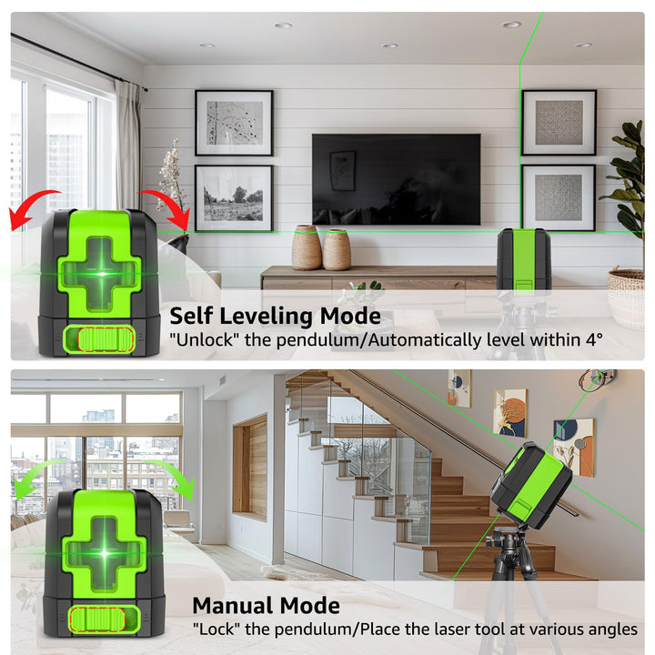 HUEPAR Laser Level Self-Leveling - 100 feet DIY Bright Green Cross Line Laser Leveler for Picture Hanging, Tile, Decoratio and Construction Indoor Project, 360° Magnetic Base &amp; Battery Included