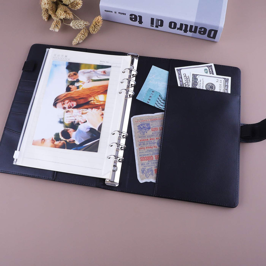 A5 PU Leather Binder 6 Ring Notebook Photocard Budget Binder Cover for A5 Refill Paper, Refillable Loose Leaf Personal Planner Organizer Binder with Magnetic Buckle, Black