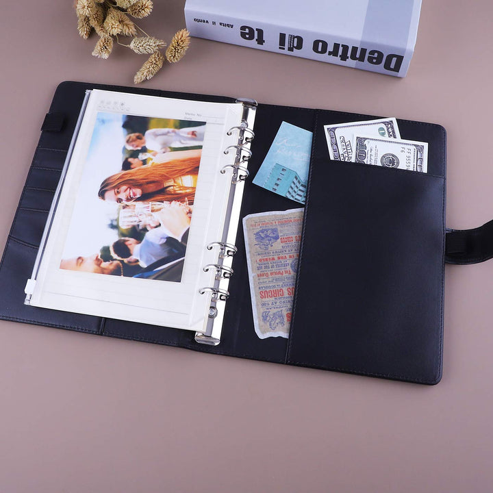 A5 PU Leather Binder 6 Ring Notebook Photocard Budget Binder Cover for A5 Refill Paper, Refillable Loose Leaf Personal Planner Organizer Binder with Magnetic Buckle, Black