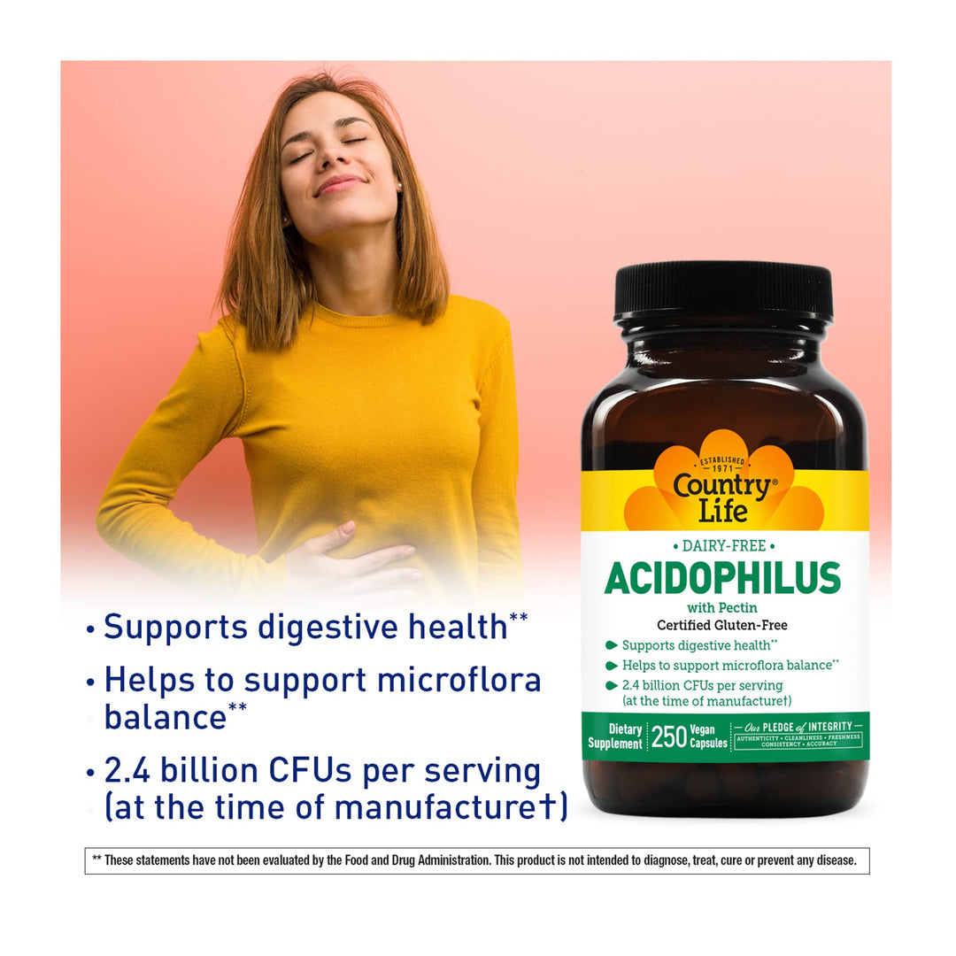 Acidophilus Probiotic Supplement for Women &amp; Men - Free from Common Allergens - 2.4 Billion CFUs to Support Digestive Health - Dairy-Free, Non-GMO, 250 Vegan Capsules