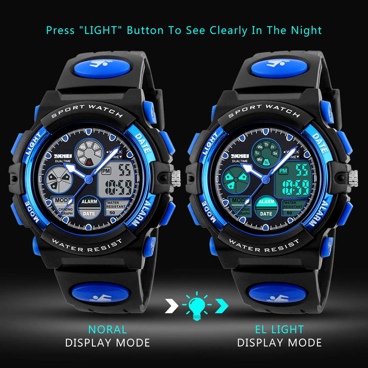 Kids Sports Watch Waterproof Boys Multi-Function Analog Digital Wristwatch LED Alarm Stopwatch Blue