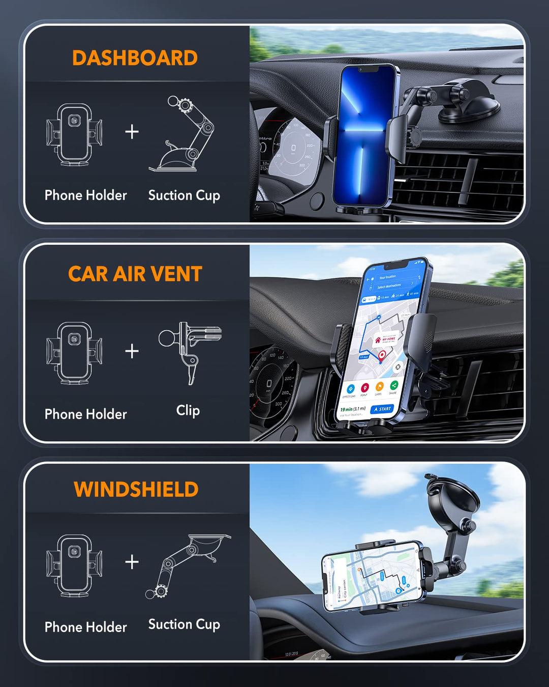 Phone Holder for Car,Dashboard Windshield Air Vent Universal 3 in1 Car Phone Holder Mount Compatible for iPhone 15 Pro 14 13 12 11 Max XS X XR 8, Samsung Galaxy S23 S22 S21 All Mobile Smartphone