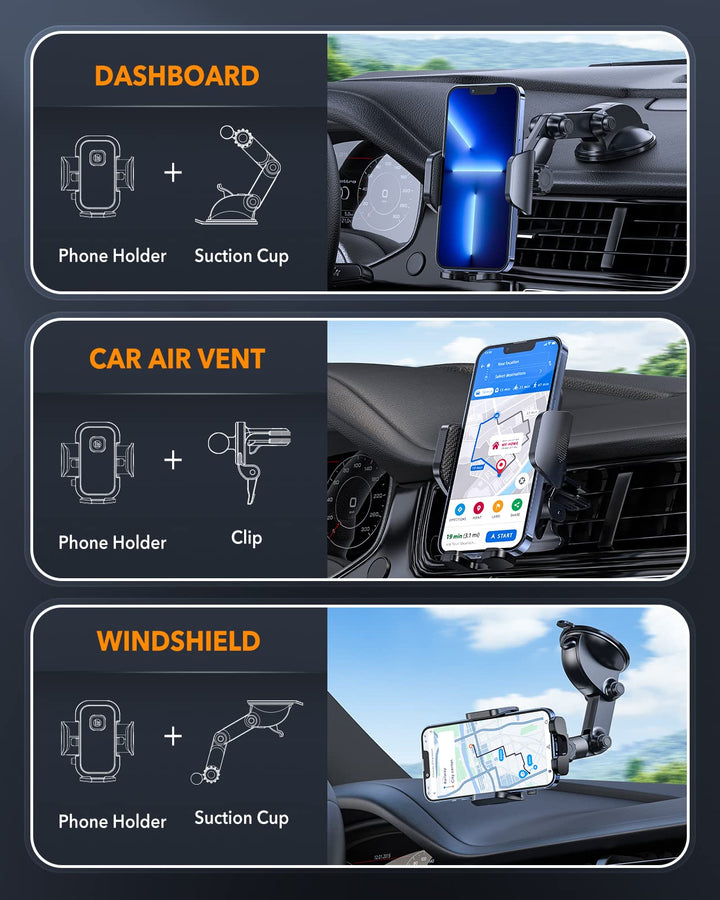 Phone Holder for Car,Dashboard Windshield Air Vent Universal 3 in1 Car Phone Holder Mount Compatible for iPhone 15 Pro 14 13 12 11 Max XS X XR 8, Samsung Galaxy S23 S22 S21 All Mobile Smartphone
